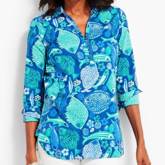 Talbots The Classic Casual Popover Top Under The Sea Print Aquatic Blue Womens M - Picture 1 of 15